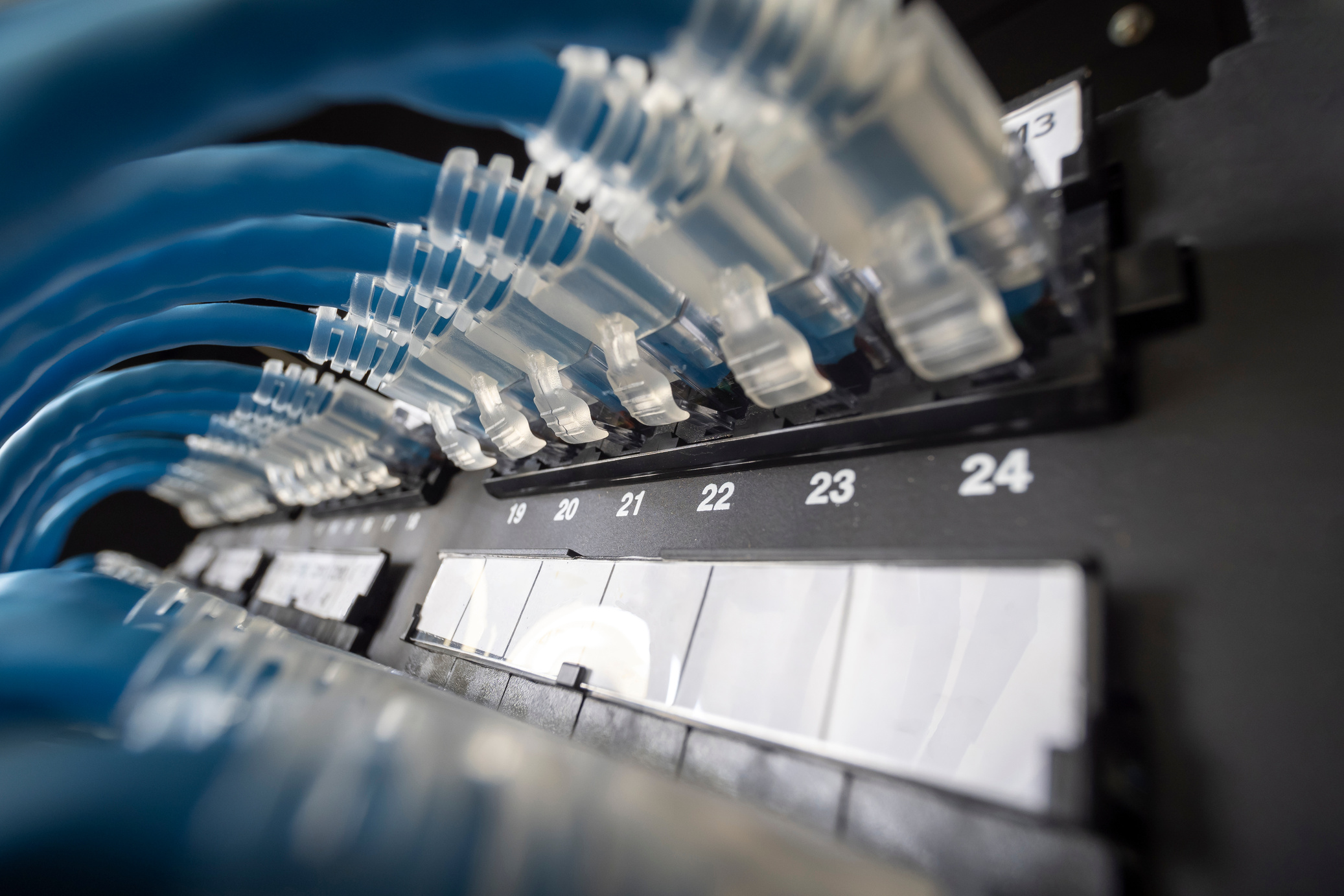 Blue network cable system in network rack